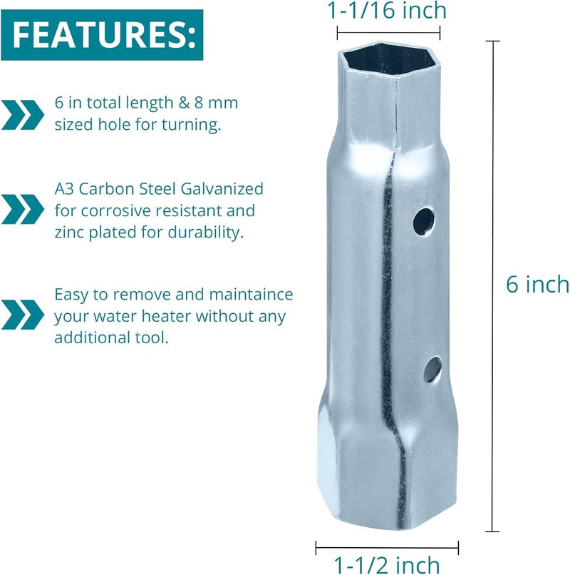 Ramkle Dual Hex Wrench Removal Tool for Anode Rod and Water Heater Element, 1-1/16 in x 1-1/2 in x 6 in, Hex Socket for All Residential and RV Camper Travel Trailer Motorhome - Image 2